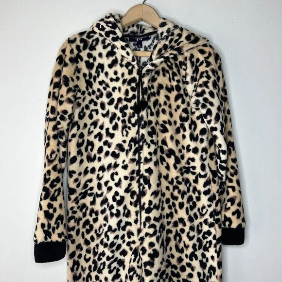 Leopard Print Jump suit Pajamas Cat Ears Costume Women’s Sz Small PJ One Piece - Picture 2 of 10